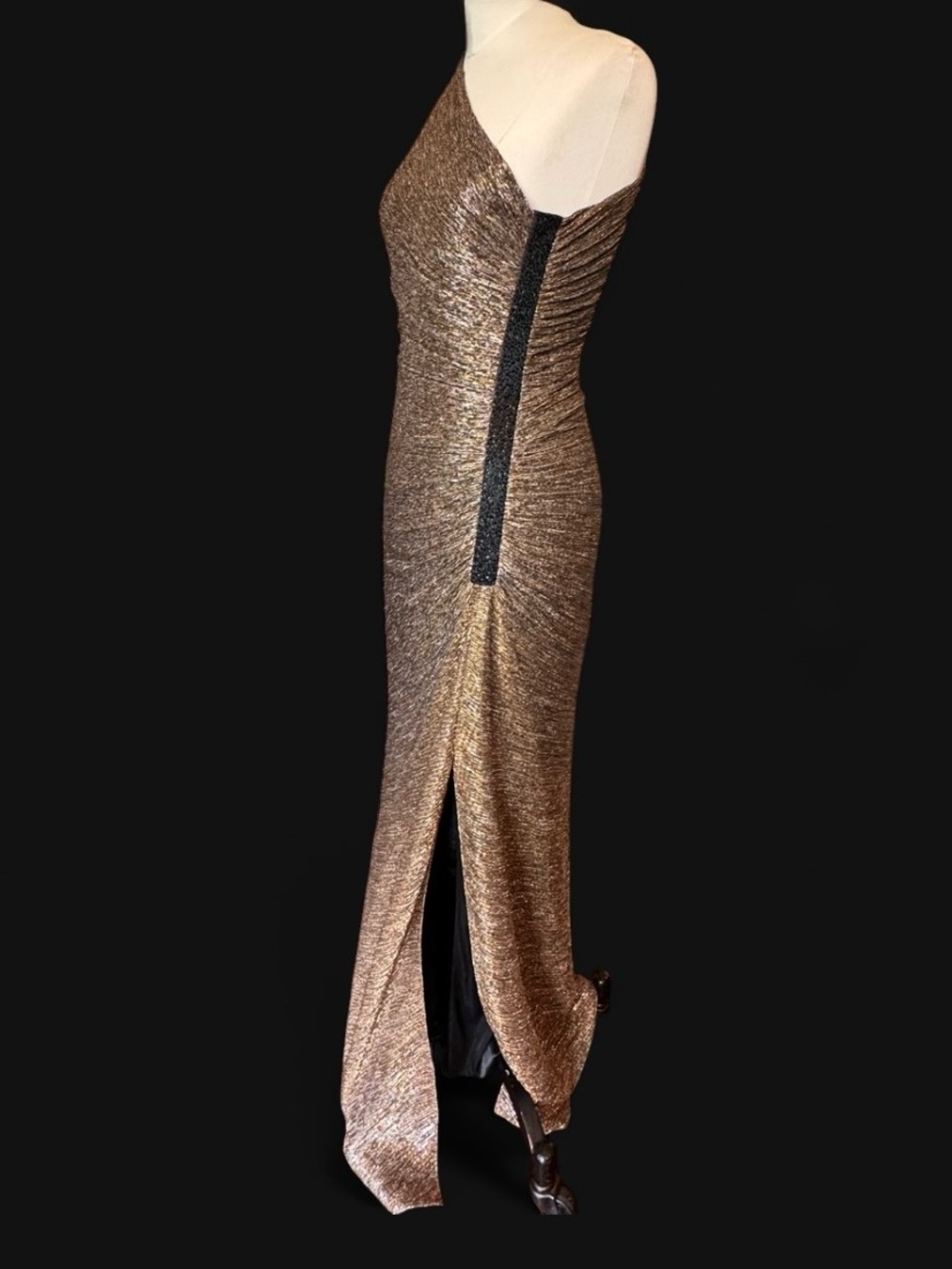 Laundry By Shelli Segal One-Shoulder Shimmery Bronze Gown fully lined with slit - Picture 2 of 12